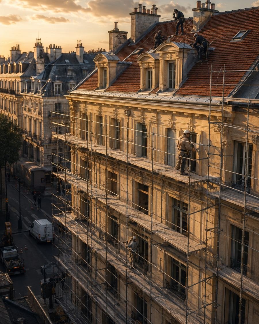 Échafaudage monté sur un immeuble haussmannien pour la toiture et le ravalement